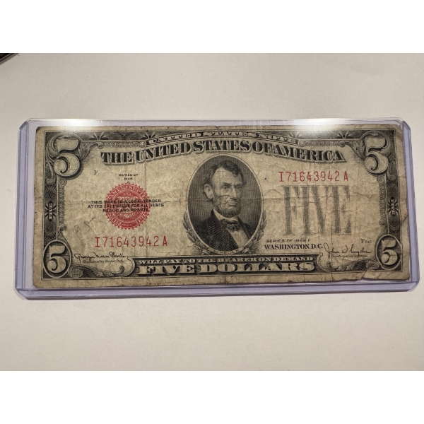1928-F United States Lincoln $5.00 Red Seal Silver Certificate In A Protective Holder - Great Bill