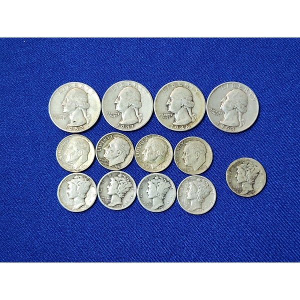 Assorted U.S. 90% Silver Coins, Quarters & Dimes - Face Value: $1.90