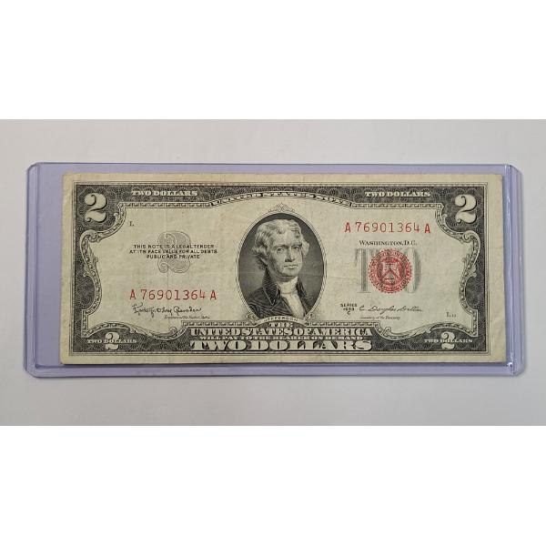 United States 1953 C $2 Red Seal Bank Note With Granahan And Dillon Signatures In Protective Sleeve