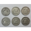 Image 5 : Lot of 6 Assorted Year 90% Silver Franklin Half Dollars, FV $3.00