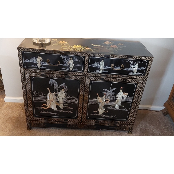 Superb! - Japanese Carved MOP Geisha Girls On Black Enamel & Silver Embellished Side Chest