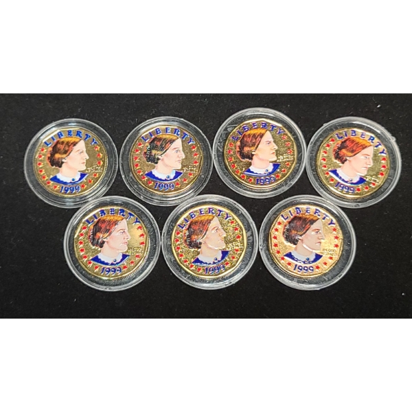 (7) 1999 Colorized Susan B. Anthony $1 Coins In Coin Capsules 