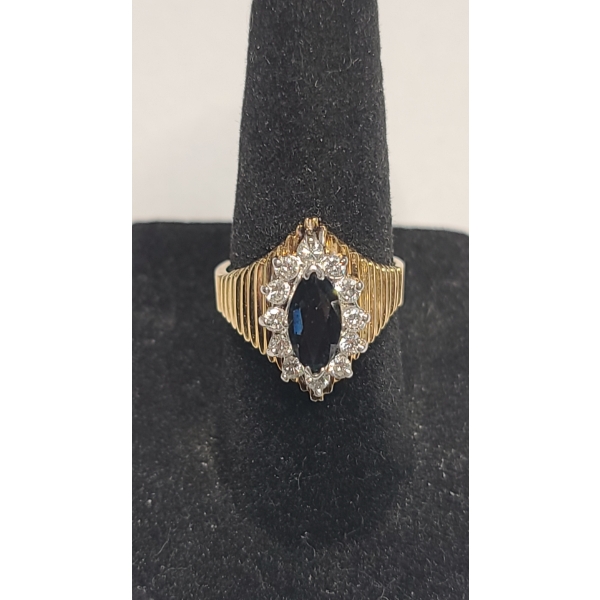 Vintage 14K Gold Plumb Cocktail Ring Marquise-cut Blue Sapphire & Diamonds - Size 6.5 - Weight: 5.4g
