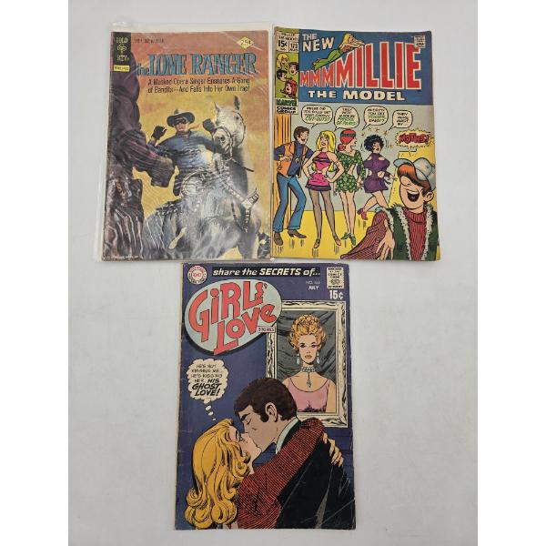 (3) Vintage Comic Books - The Lone Ranger, Mmmmillie the Model & Girls' Love Stories
