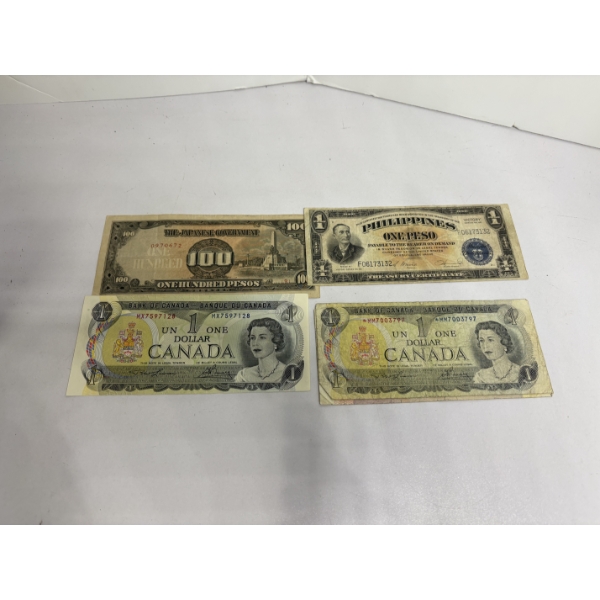 Canadian One & Two Dollar Bills - Philippines One Peso - Japanese Govt 100 Pesos  