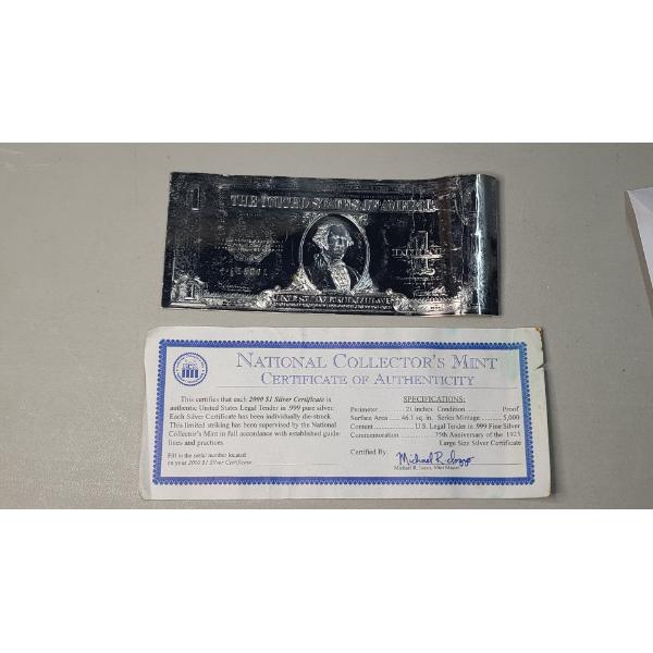 2000 Authentic United States Legal Tender $1 Silver Certificate Struck In .999 Pure Silver