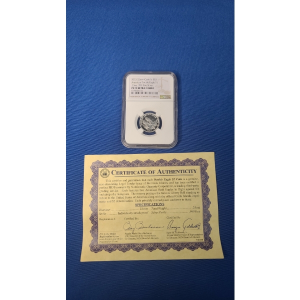 NGC 2023 PF 70 Ultra Cameo 22mm Cook Islands $2 .25 Oz .999 Fine Silver American Double Eagle T-1