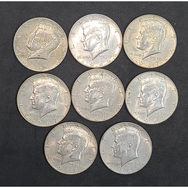 U.S 1965, 1966, 1967, 1968, 1969 Philadelphia/Denver Mint 40% Silver Kennedy Half Dollars - FV: $4