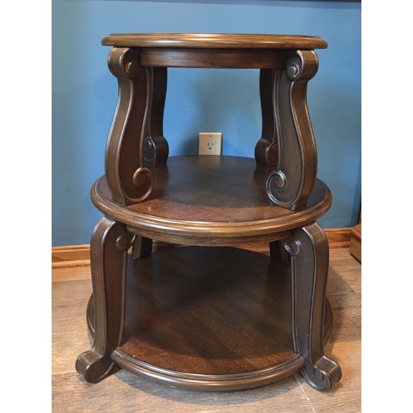 Timeless Mahogany Three Shelf Table. Excellent Condition, Measures 24"x27"