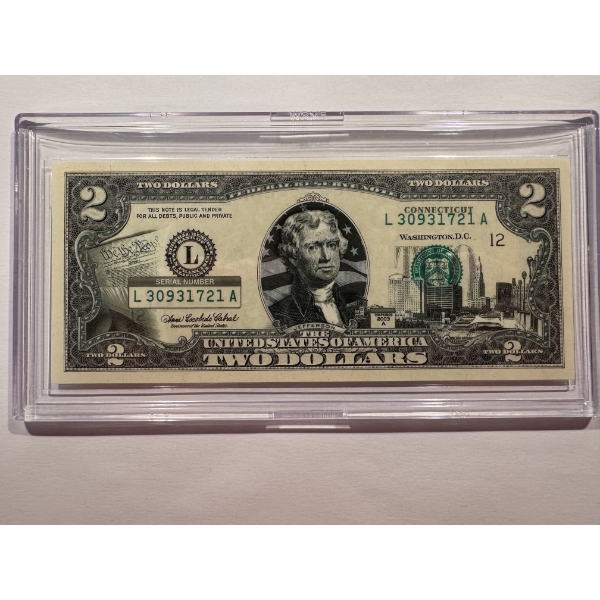 2003 United States Jefferson CONNECTICUT $2.00 Bill In Hard Case Holder - Mint Condition - RARE