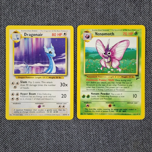 Two Non Holo RARE Vintage Pokemon Trading Cards ~ Dragonair 18/102 & Venomoth 31/130