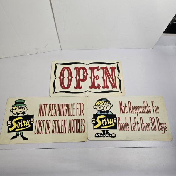 Three Vintage Retail Store Signs With Open And Business Disclaimer Text