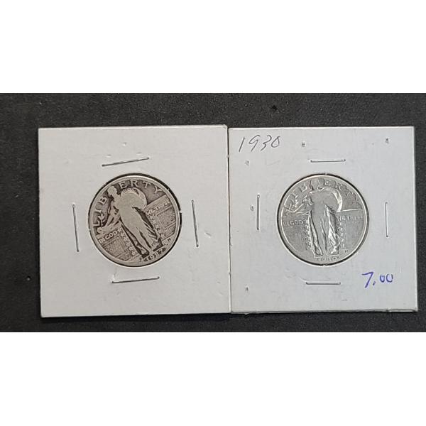1927 & 1930 United States Standing Liberty 90% Silver Quarters - Face Value: $0.50
