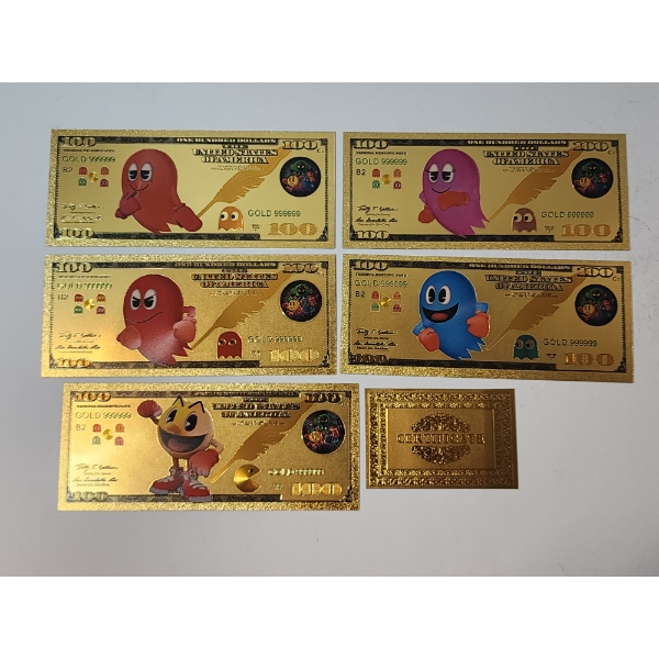 x5 Assorted PAC-MAN $100 999999 24K Gold Foil Banknotes Set w/ CoA