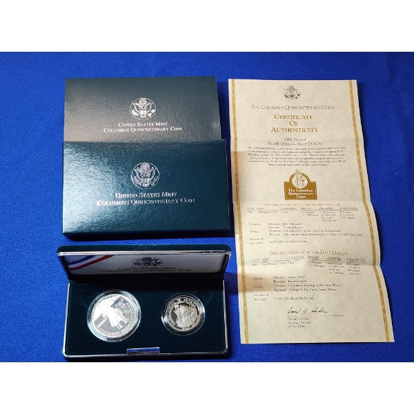 U.S. Mint Columbus Quincentenary Coin Set: 1992-P Proof Silver Dollar & 1992-S Half Dollar