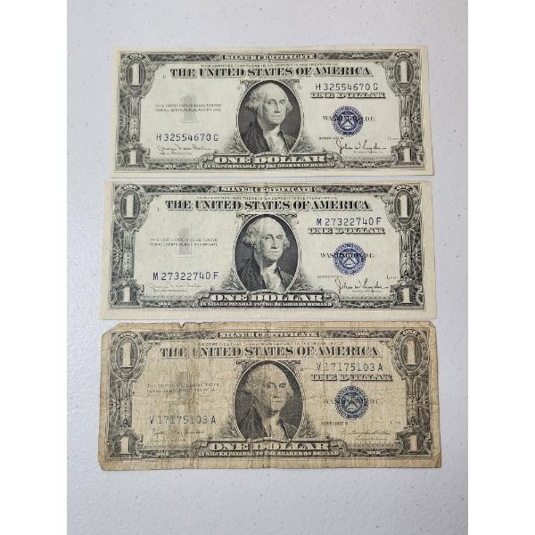 Three U.S. Blue Seal $1 Silver Certificates: Series 1935-D, 1935-D, & 1957-B