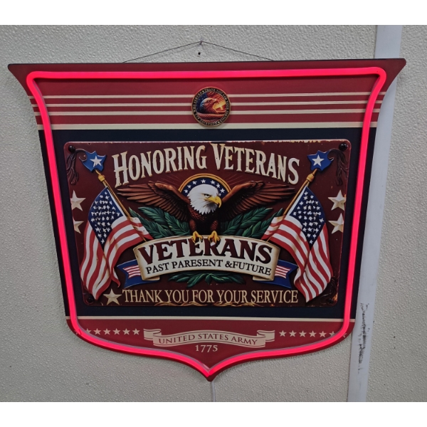 New 16'' Neon Lighted Honoring Veterans Plaque With Collector Coin