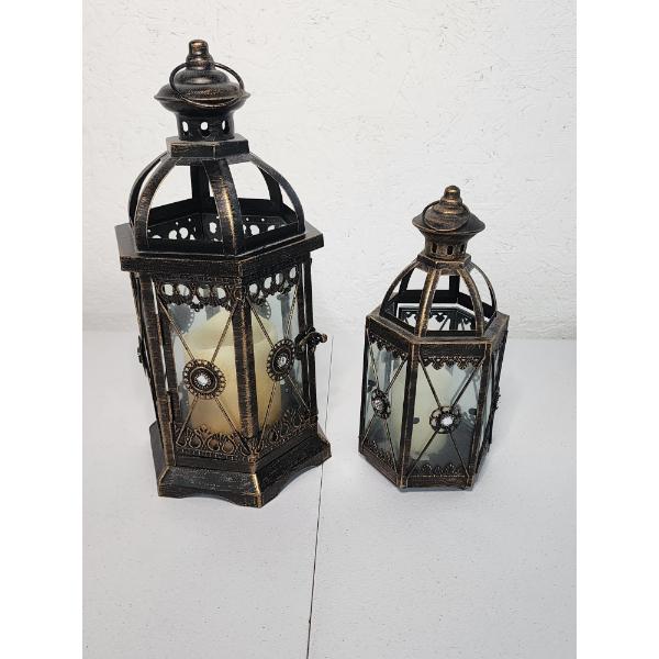 Two Bronze Jeweled Lanterns - w/ Candles - Approx. 14in & 10in Tall