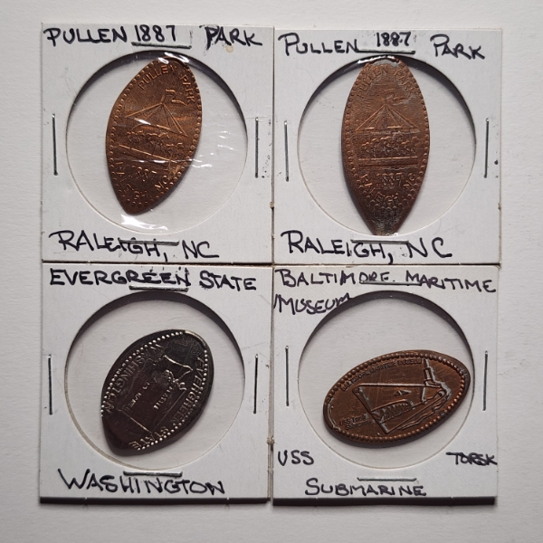 Four Collectible Souvenir Rolled Pennies Ft. Pullen Park, Evergreen State & Baltimore Maritime Mus.
