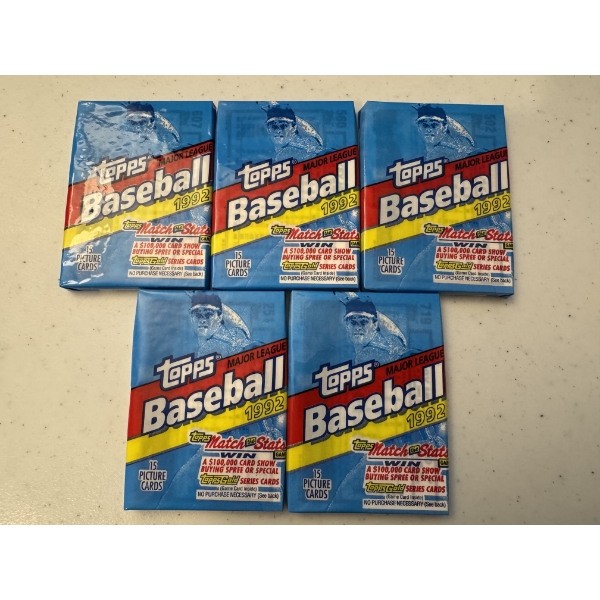 5 - 1992 Topps Unopened Baseball Wax Packs - Mint Condition - 15 Cards Per Pack