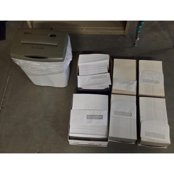 Fellows Shredder, And Two Boxes Of 8 5/8 & Four Boxes Of 6 3/4 New Window Envelopes