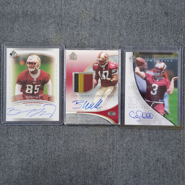 Three Upper Deck AUTOGRAPHED San Francisco 49ERS NUMBERED Rookie Football Trading Cards Ft. PATCH!
