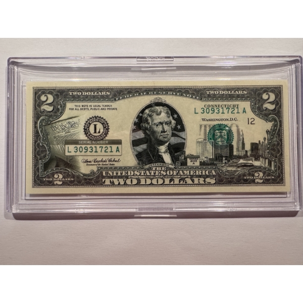 2003 United States Jefferson CONNECTICUT $2.00 Bill In Hard Case Holder - Mint Condition - RARE
