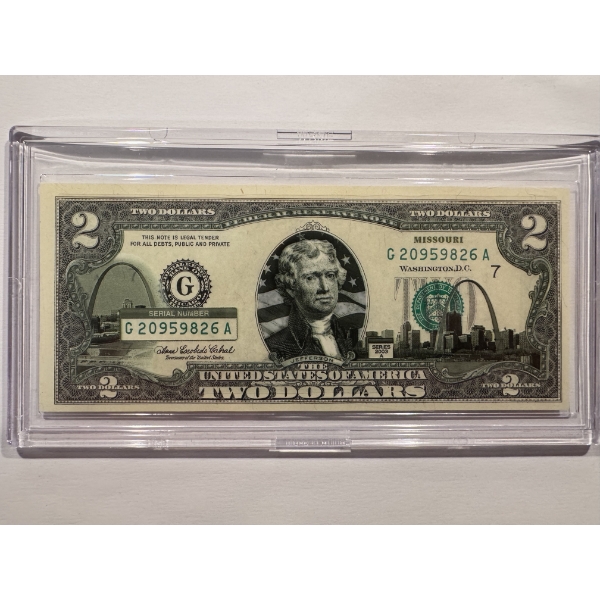 2003 United States Jefferson MISSOURI $2.00 Bill In Hard Case Holder - Mint Condition - RARE