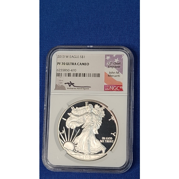 2013-W NGC PF70 Ultra Cameo 1 oz Silver American Eagle Signed By U.S Mint Engraver John M. Mercanti 