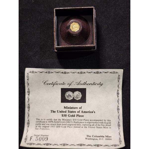 24KT Solid Gold MINIATURE of the United States 1915 $50 Gold Coin from the Columbia Mint