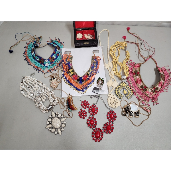 Assorted Costume Jewelry Including Beaded Native Style and Jewelry Box