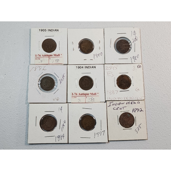 Lot of 9 Assorted Years U.S. Indian Head Cents
