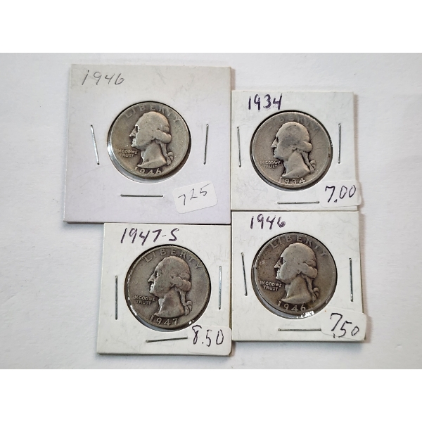 Four 90% Silver U.S. Washington Quarters 1946, 1934, 1947-S, 1946 FV: $1.00