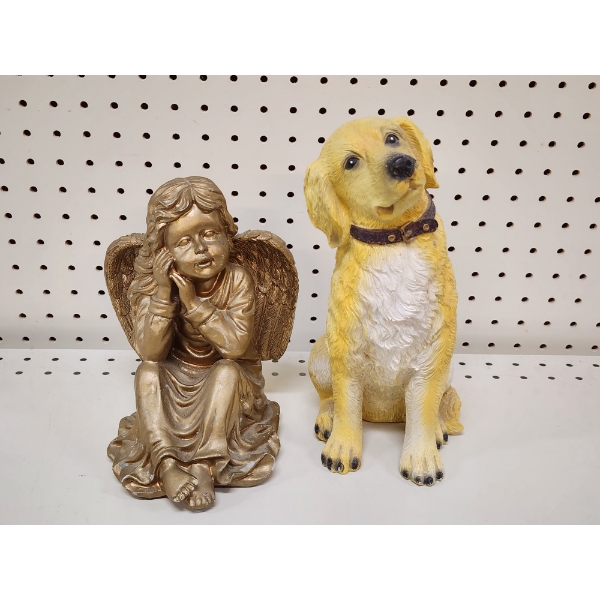 Two Decorative Statues ~ 9 Inch Tall Angel & 11 Inch Tall Dog 