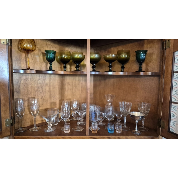 Pickup In Canton - 2 Shelves As Shown - All The Glassware You See - Includes Vintage Colored Goblets