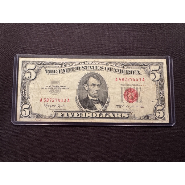 1963 United States $5.00 Lincoln Red Seal Note - Excellent Condition