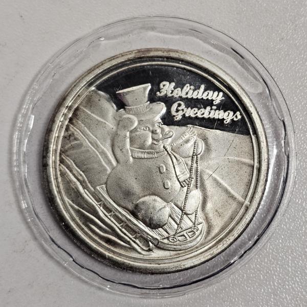 SILVER!!! Holiday Greetings Snowman One Troy Ounce 99.9% Pure Silver Round