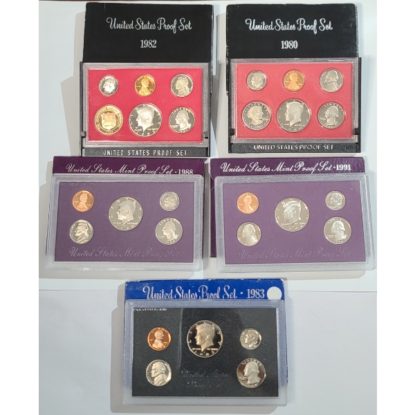 Assorted United States Proof/Mint Proof Coin Sets - 1980, 1982, 1983, 1988, 1991