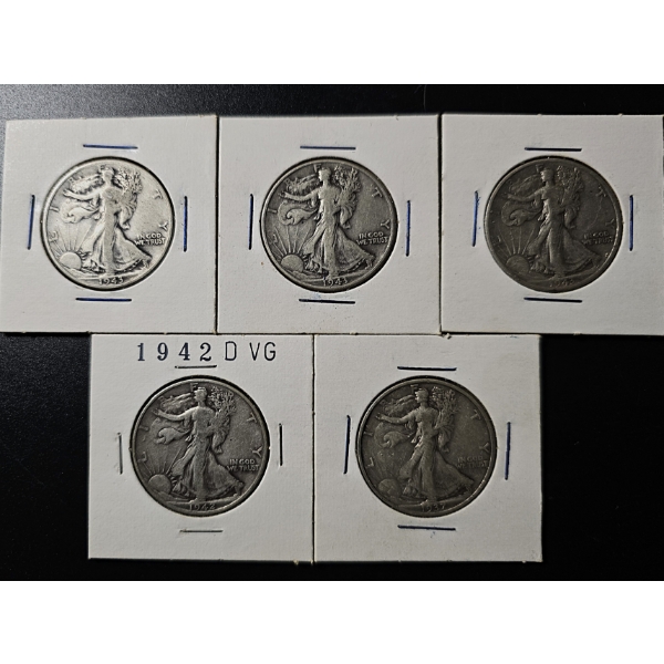(5) Walking Liberty Half Dollars - 90% Silver - $2.50 FV