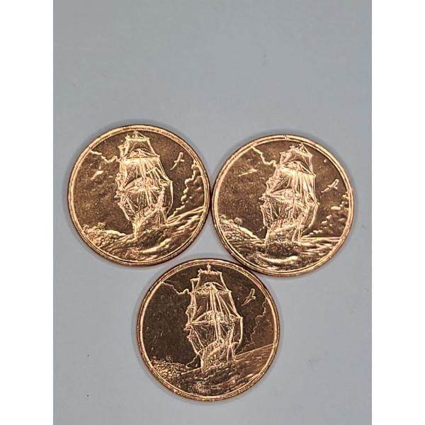 (3) 2025 Heimerle & Meule 1/4 oz .999 Fine Copper Ascension Island Sailing Ship Rounds