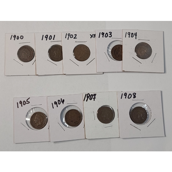 Lot Of (9) United States Indian Head Cents - Years 1900-1908