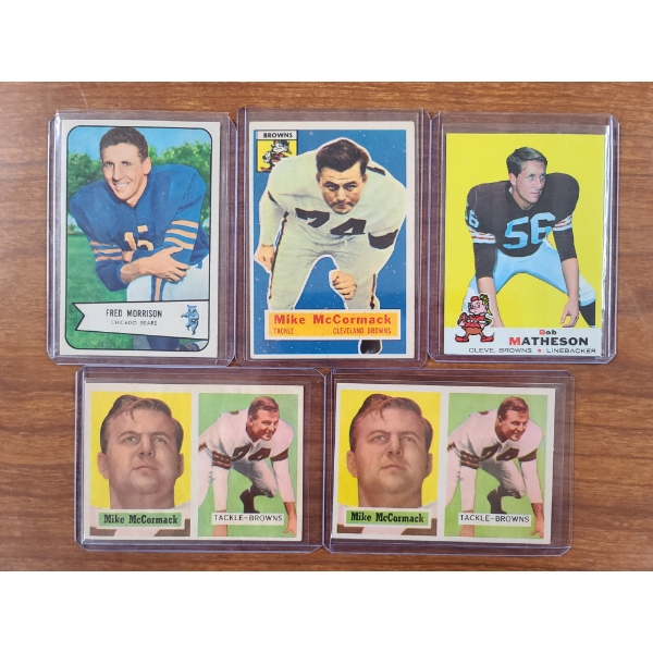 Five 1950's & 1969 Football Trading Cards Including Mike McCormack, Bob Matheson & Fred Morrison!
