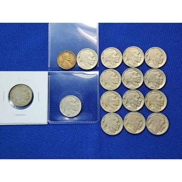 x15 Assorted Year Buffalo Nickels & x1 1948 Wheat Penny