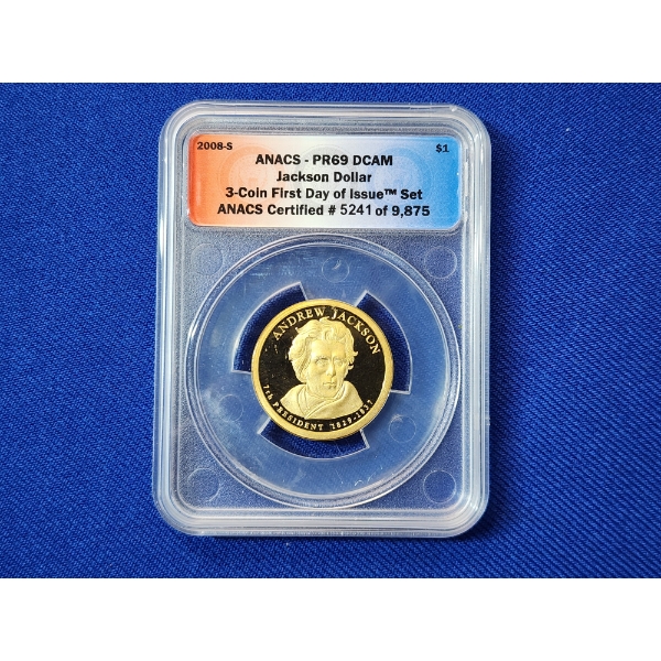 2008-S Jackson Dollar "3-Coin First Day of Issue Set" Graded ANACS PR 69 DCAM