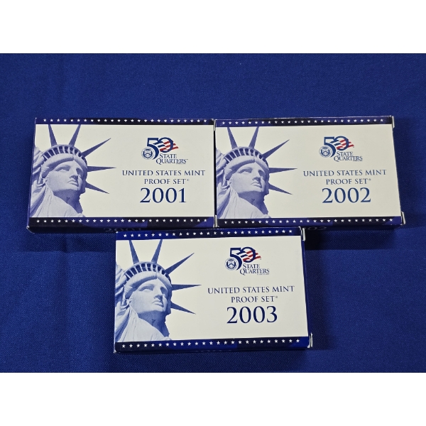 3 50 State Quarters United States Mint 10-Coins Proof Sets - 2001-S, 2002-S, 2003-S - w/ OGP & COA