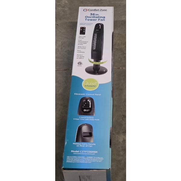 Brand New In Box! Comfort Zone Quiet 36' 3 Speed Oscillating Tower Fan With Remote!