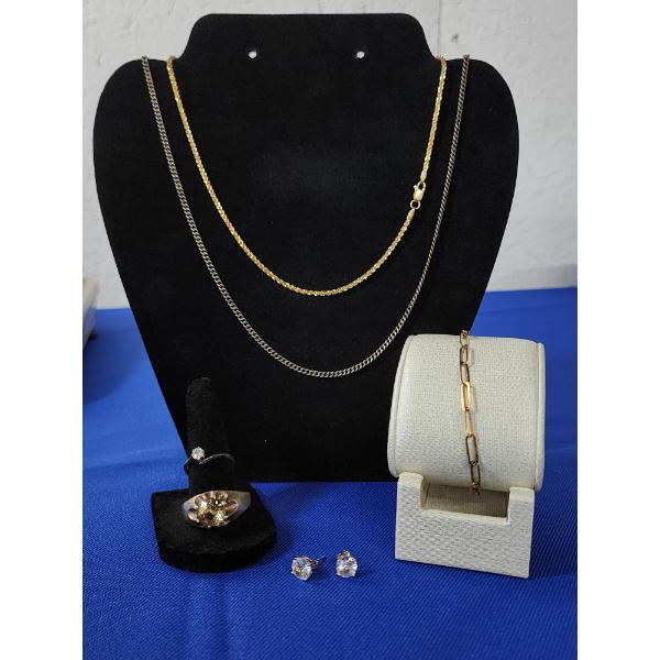 Assorted Sterling Silver Jewelry Including Gold-Tone Bracelet, Necklaces, Earrings, Rings, TW: 28.3g