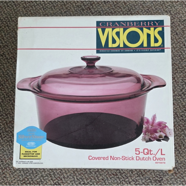 PICKUP IN CANTON - New In Original Box Cranberry Colored Visions Cookware 5 Quart Dutch Oven
