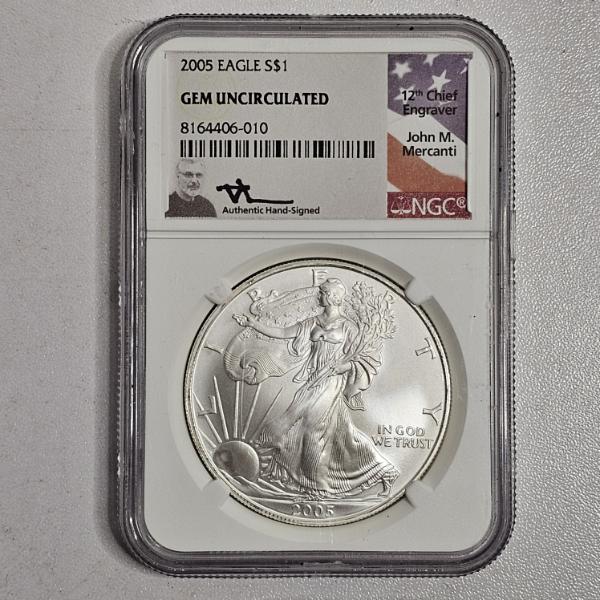 GRADED SILVER!!! NGC Gem Unc. 2005 U.S. Eagle 1oz. 99.9% Pure Silver Coin with Mercanti Signed Label