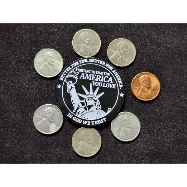 Seven Assorted United States Pennies & AMAC 15th Anniversary Coin - 6 Steel & One Copper Wheat Penny